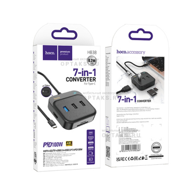 USB-концентратор HOCO HB38, EasyLink, 7 гнезд HDMI, SD, TF, USB3.0, 2хUSB2.0, PD, кабель Type-C,  черный